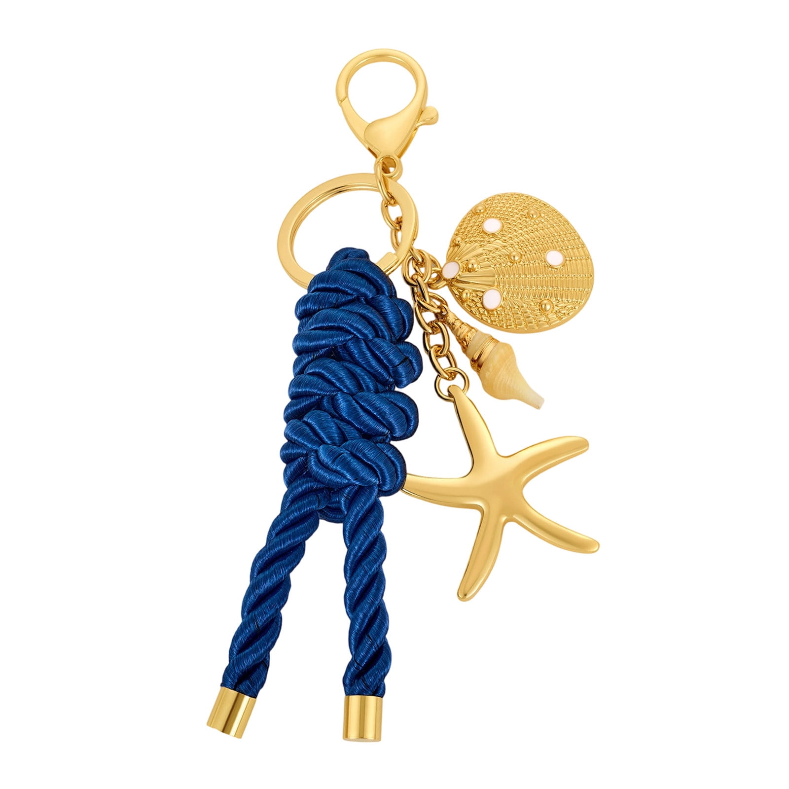Nautical Braided Rope Knot Bag Charm 6.3in Ocean Style Keychain With Gold Starfish Shell Conch Pendants Navy Blue Tassel Purse Accessory