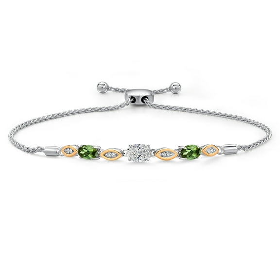 Gem Stone King 1.70 Ct DEF Lab Grown Diamond Green Tourmaline 925 Silver and 10K Yellow Gold Bracelet