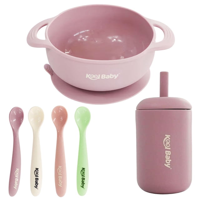 Set de Alimentación de Silicon Kool Baby Tazón Vaso con Popote y Cucharas de Silicon Mauve