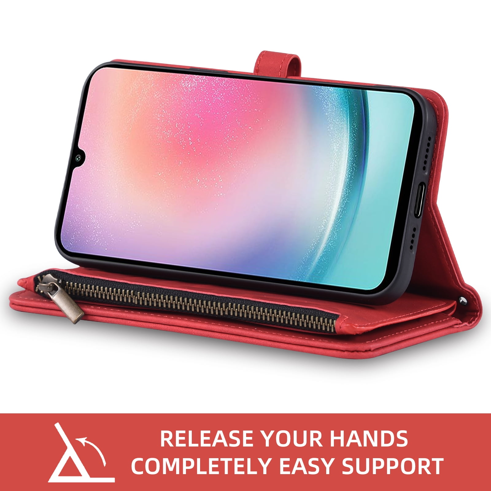 Asuwish Phone Case for Samsung Galaxy A25 5G Wallet Cover With Tempered Glass Screen Protector Crossbody Wrist Strap Flip Pattern Zipper Credit Card Holder Stand Cell A 25 25A SM-A256U Women Men Red