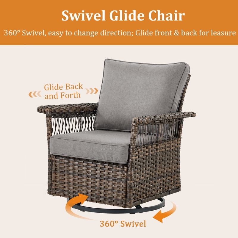 PARKWELL 4 Pieces Patio Furniture Set with Fire Pit Table, Outdoor All-Weather Wicker Conversation Couch Set with Swivel Gliders Chairs, Deep Seating Furniture for Porch Deck, Brown/Gray