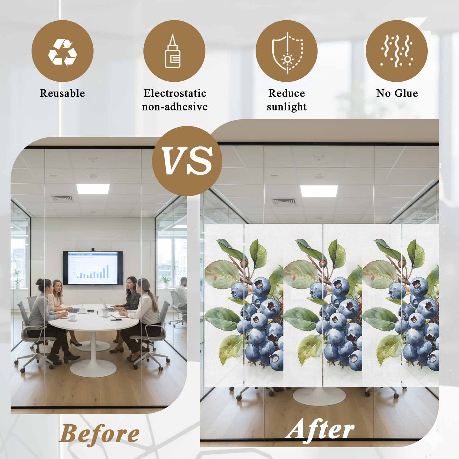 Blueberries Window Privacy Film, Farmhouse Blue Fruits Green Botanical Static Cling UV Sun Blocking Heat Control Window Tint Day and Night, Non-Adhesive One Way Windows Privacy Cover 23.6''x59''