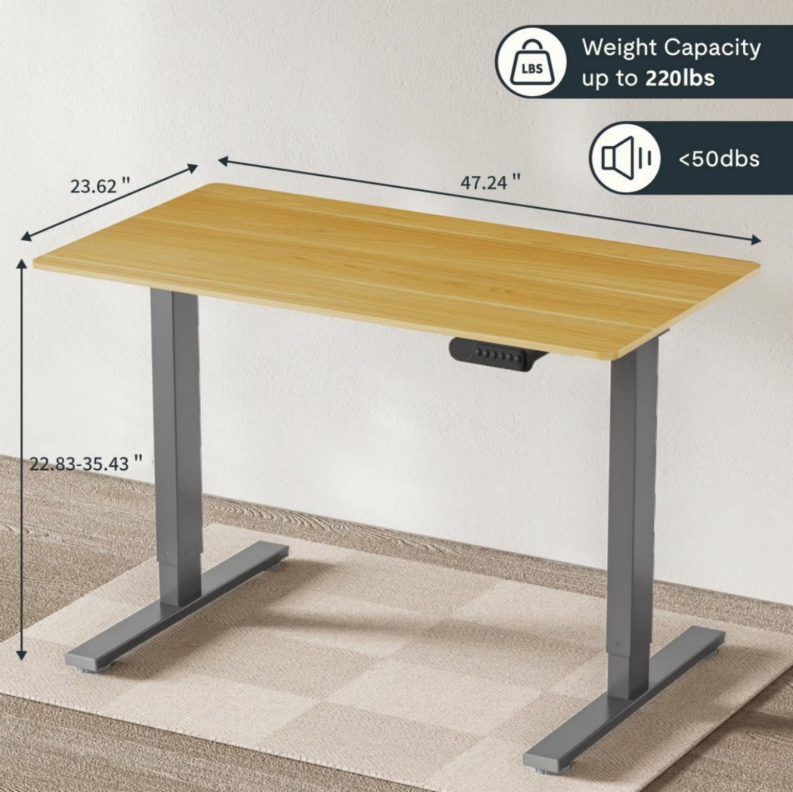 Electric Standing Desk Adjustable Height Desk, 48 x 24 In Sit Stand Desk with Maple Top and Grey Frame, Ergonomic Home Office Computer Workstation