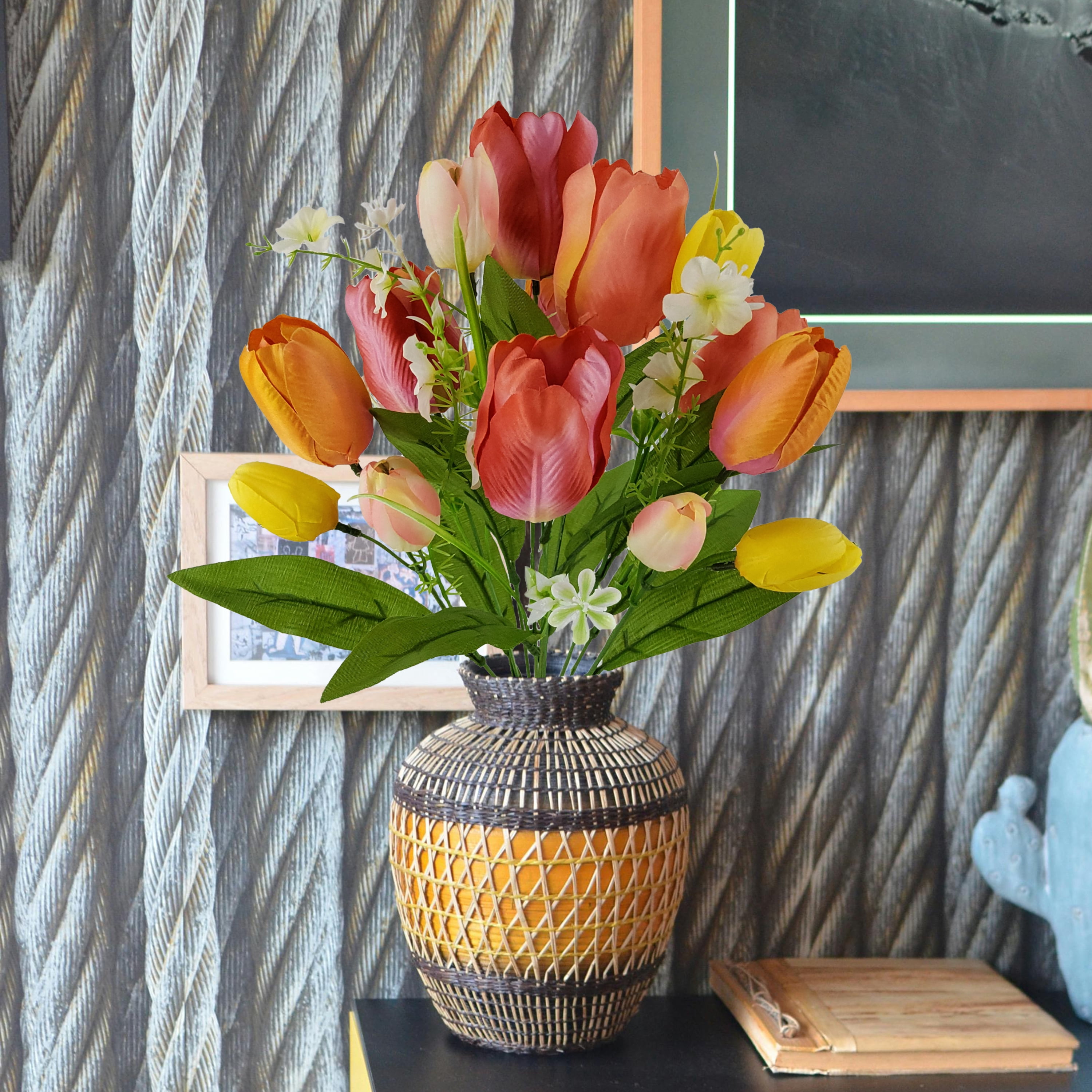 Mainstays 18in Indoor Artificial Red Orange Tulip Bush, Red Color.