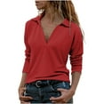 thumbnail image 2 of Women's Trendy Collar Tunic Tops Solid Casual Long Sleeve V Neck Shirts Slim Fit Petite Lightweight Pullover Tees Red S, 2 of 5