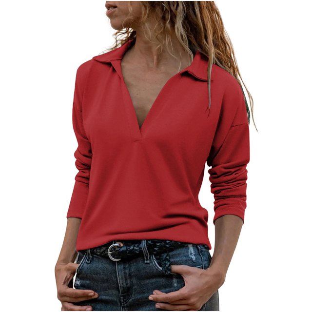 Yuyuzo Chemises à Manches Longues pour Femmes Col en V Couleur Unie Col Rond Tunique Chandail Tops Blouses