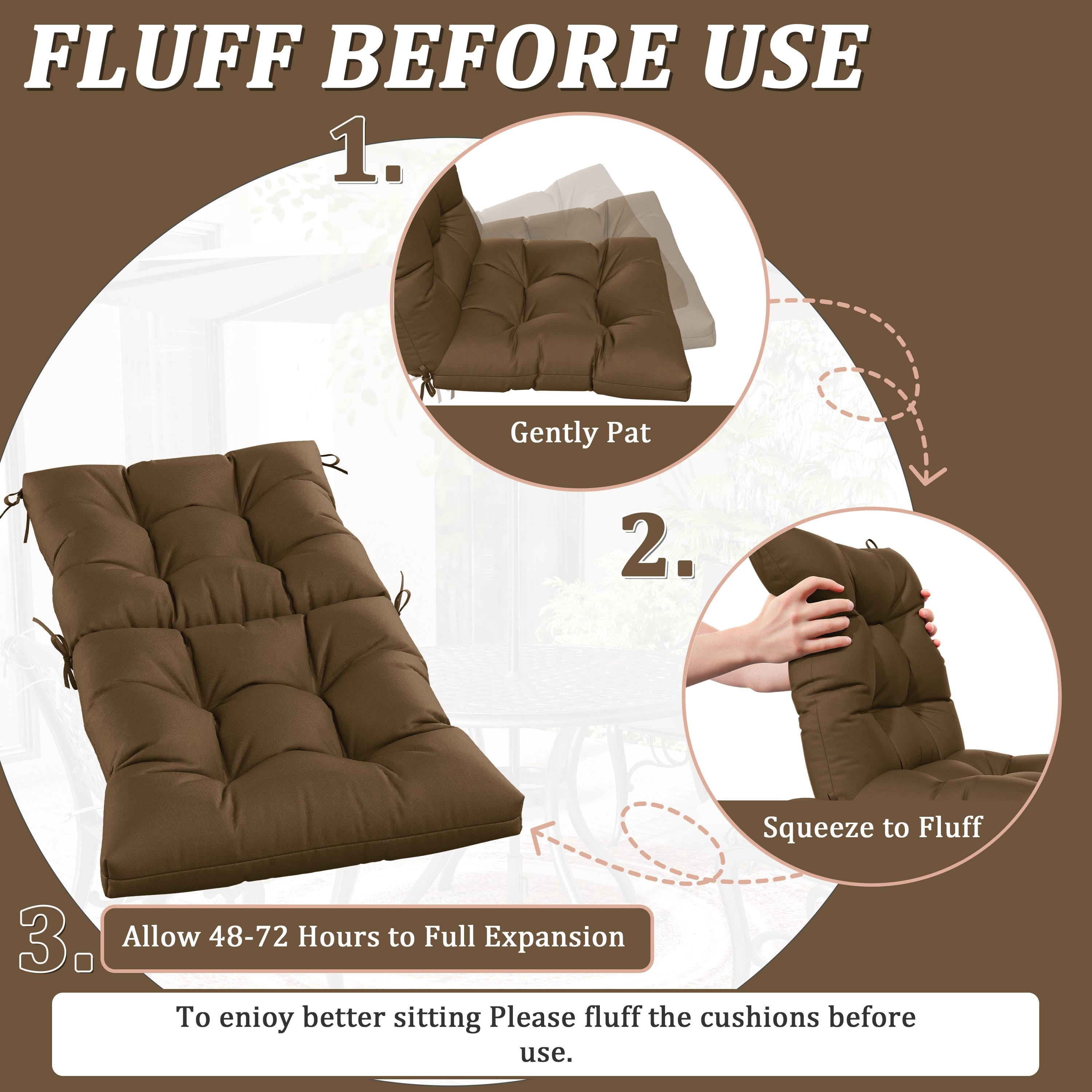 Snubbull Swing Cushions Set of 2, 42" × 21" × 5" Waterproof Rocking Chair Cushions with Ties for Outdoor Indoor Single Seat Cushions, Chocolate
