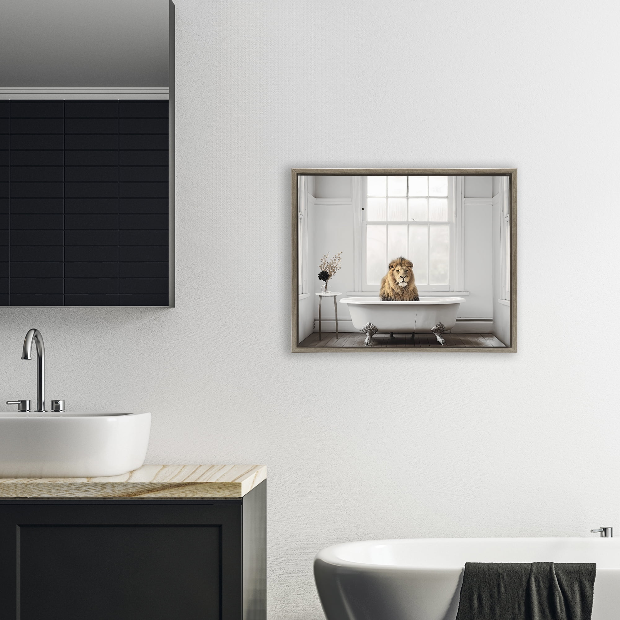 Minimalist Lion Bathtime Brown Framed Floater Canvas Wall Art, design by Sasha