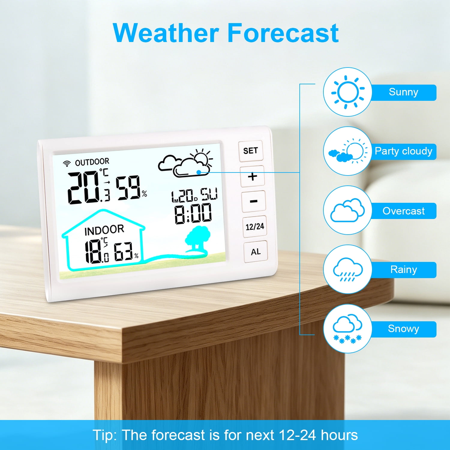 AILKIN Weather Stations for Home with Outdoor Sensor,Wireless Indoor Outdoor Thermometer Humidity Monitor,Backlight,Time/Clock Setting Forecast Weather Stations for Home Large Dispaly,White