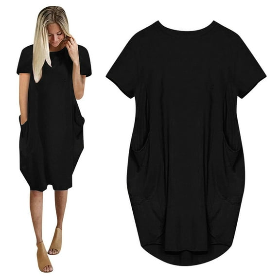 OKBOP Short Sleeve Round-Neck Dress Womens Jumper Ladies Oversized Baggy Short Sleeve Pocket Pullover Mini Dress cute Sweater Dress Clearance Black L