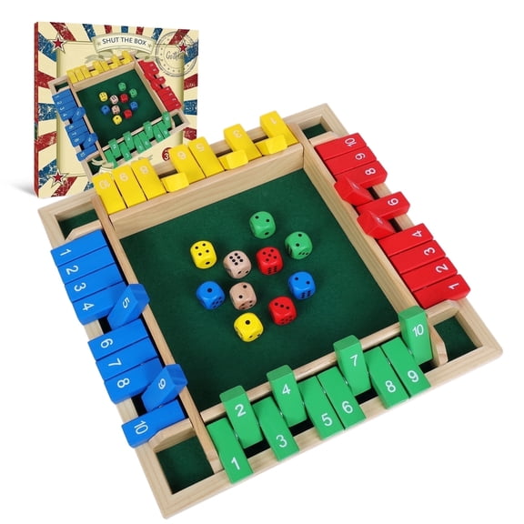 Upgraded Shut The Box Game, 12-Inch Wooden Board with 10 Dice, Traditional Family Game for 1-4 Players