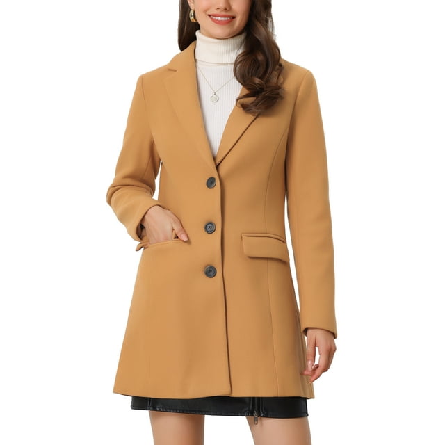 Abrigo de mujer INSPIRE CHIC de color sólido con solapa muesca, abotonado de una sola fila, abrigo de invierno en caqui oscuro, talla 3XL