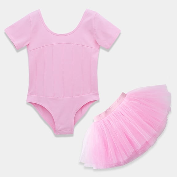 ‌LYMAYTER 3-11Y Toddler Girls 2PC Dance Set Short Sleeve Leotard Ballet Tutu Summer Dancewear Set