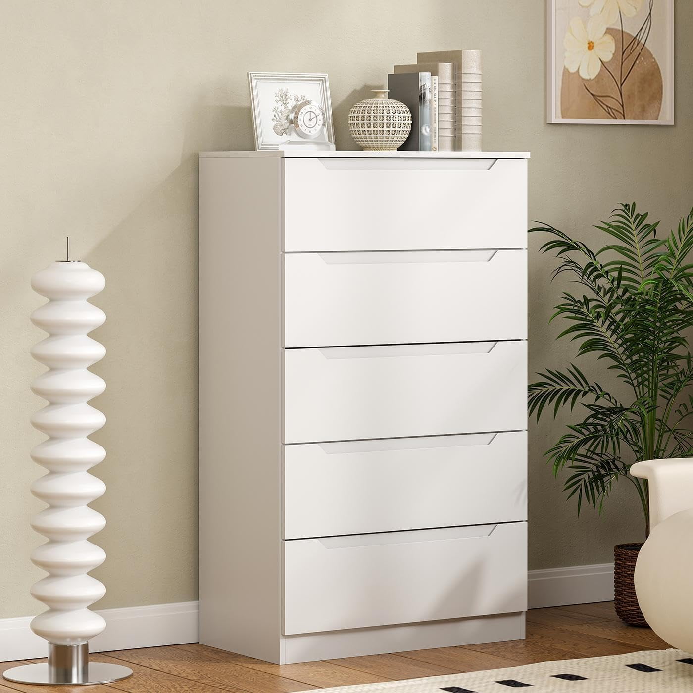 GarveeHome Tall 5-Drawer Dresser – Modern Narrow Chest With Gold Handles, White