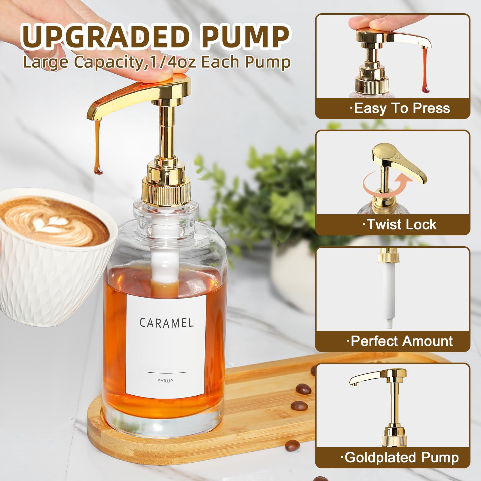 Condiment Dispensers Gold Set of 3, Glass Pump with Tray for Coffee Syrup