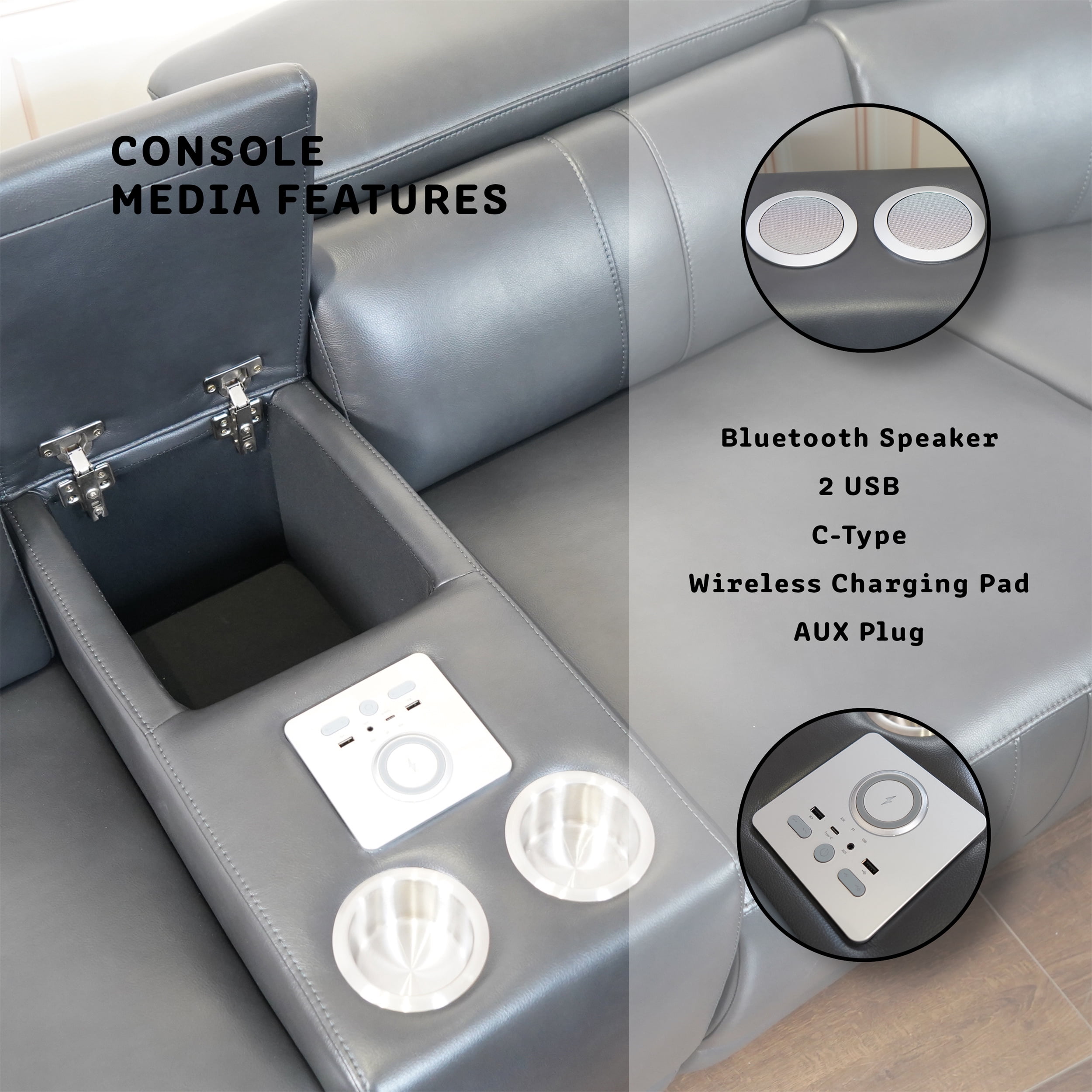Arron Modern Leather Power Reclining Sectional Sofa with Media Console, Wireless Charging, Bluetooth Speakers, and Ambient LED Under-Glow, Gray