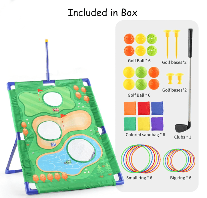 Kids Golf Yard Game,Golf Chipping Game, Cornhole Game, Ring Toss Game - 3 Set in 1 Game Kit with Chipping Mat and Stand for Adults Kids, Chip Sticky Practice Indoor Outdoor