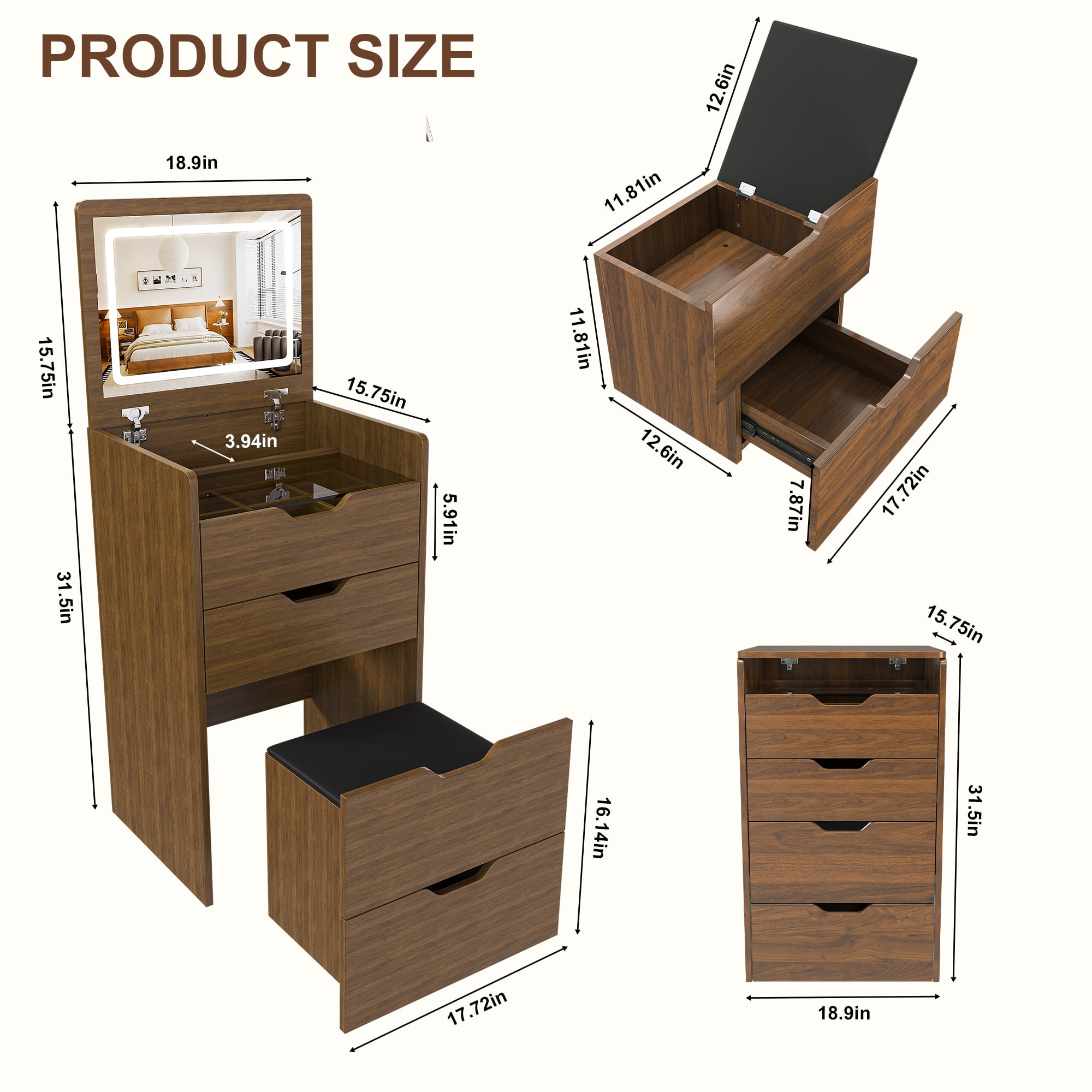 Mintazer 3-in-1 Vanity Desk with LED Lighted Mirror & Storage Stool, Flip Top Makeup Vanity with Drawers, Multifunctional Dresser Nightstand for Bedroom, Walnut