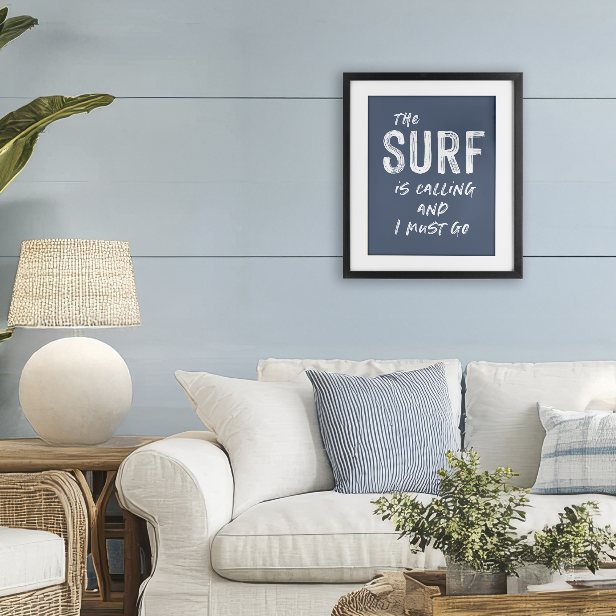 Surf Is Calling Must Go Black Framed Print Under Glass, design by Lettered and Lined