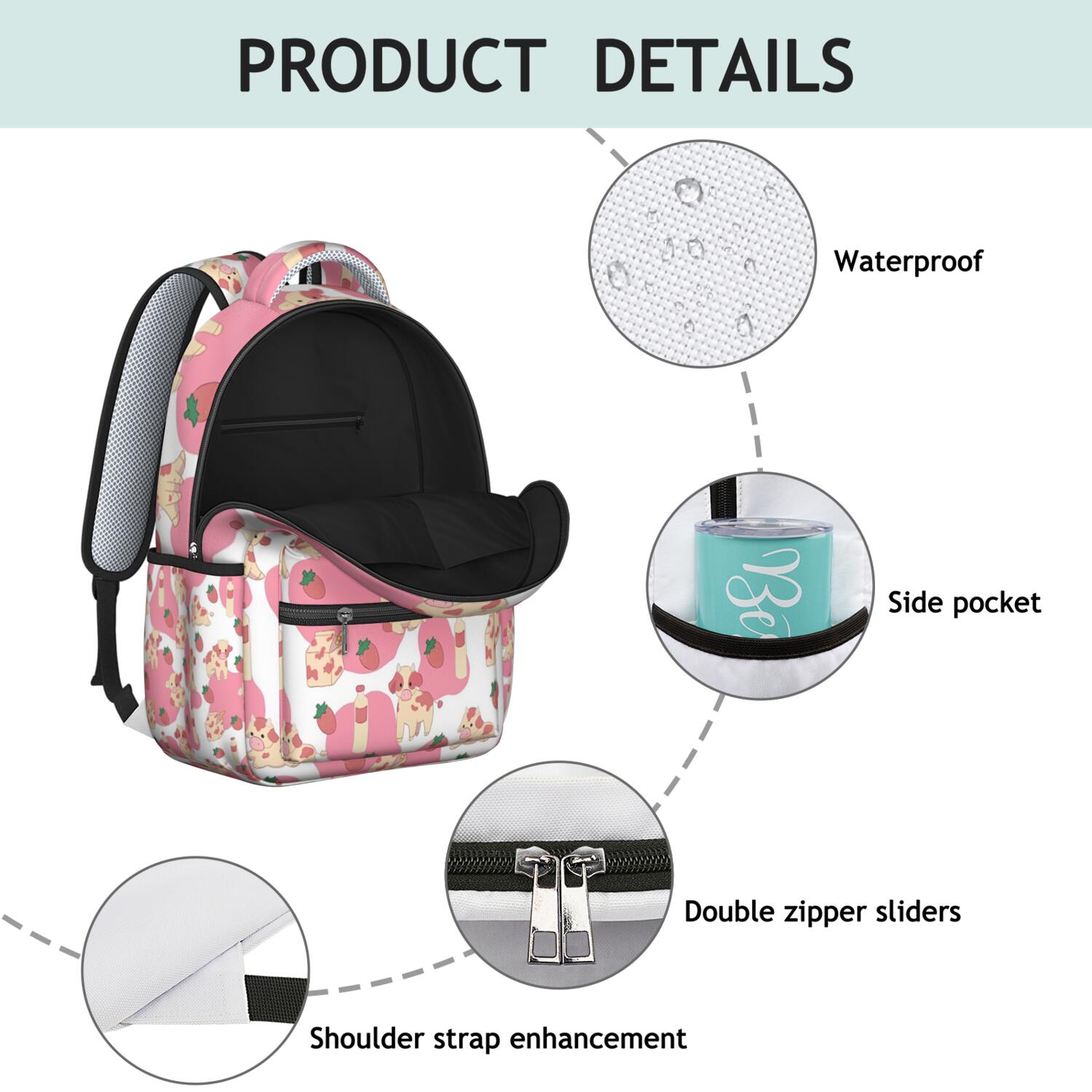 Pink Cow and Strawberry Print Backpack for School,Schoolbag with Adjustable Shoulder Straps & Padded Back,15.3"x11"x7.1".