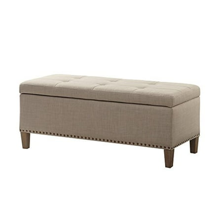 - Modern Beige Linen Upholstered Button Tufted Storage Bench Ottoman with Silver Nailheads & Black Legs