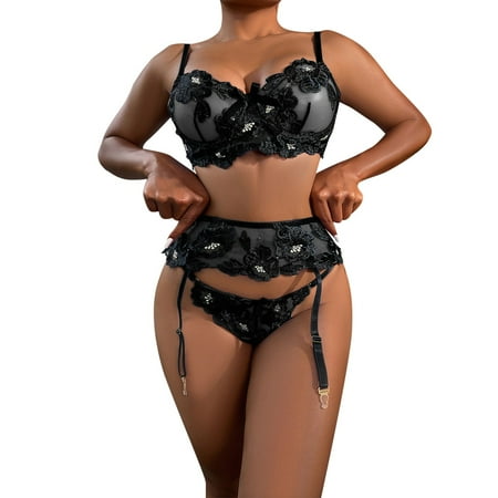 

TANGNADE Sheer Floral Lace Pajamas Lingerie Set High Waist Sleepwear Bra And Panty Two Piece Nightwear