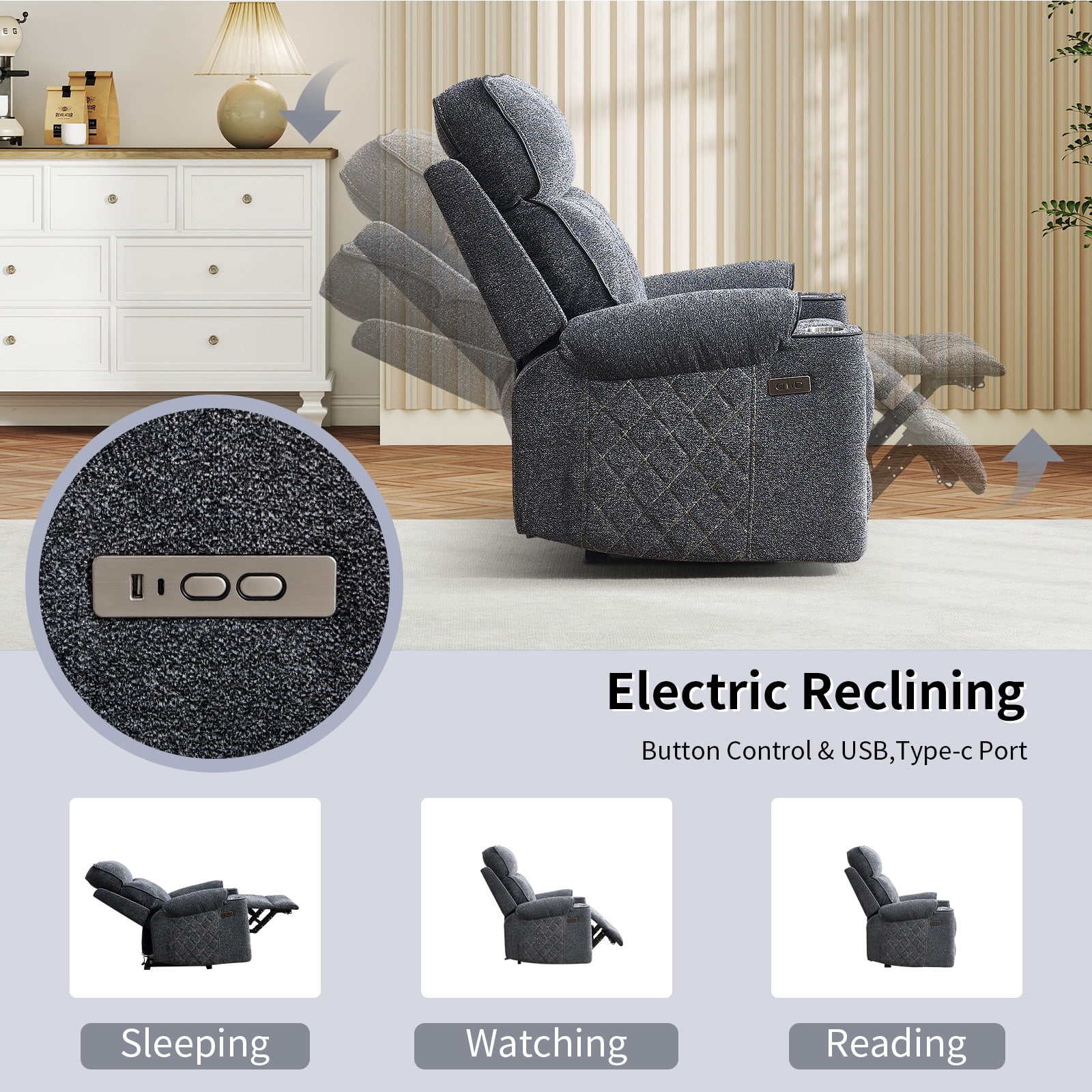 Bonzy Home Power Recliner Chair — Electric Fabric Recliner with Cup Holders & USB-C Charging Ports, Diamond Grid Upholstery, Grey