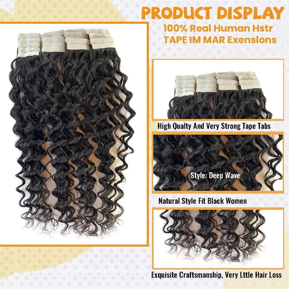 Tape In Real Human Hair Extensions 16-26 Inch Long Deep Wave Seamless Skin Weft Invisible Tape In Hair Extensions Natural Black Remy Human Hair