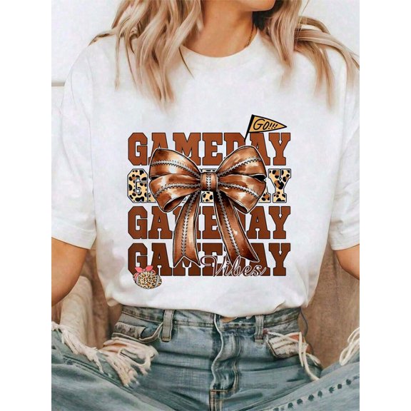 Football Bow Gameday Game Day Vibes Leopard Print T-Shirt Tee Shirts Women