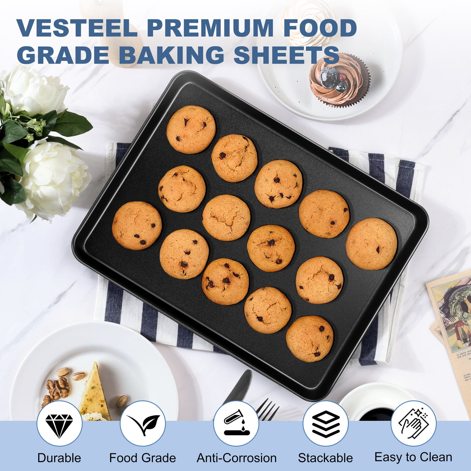 Vesteel Nonstick Baking Sheet Set of 4 (16/12/10.5/9 inch), Carbon Steel Baking Pan Tray Cookie Sheet, Half Sheet Bakeware Toaster Oven Pans for Baking
