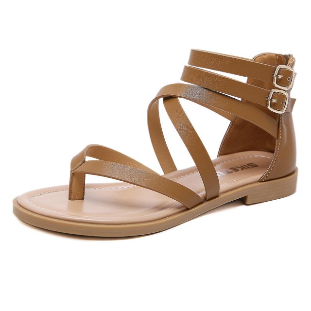 Sandalias romanas informales para exteriores, sandalias cómodas para mujer, sandalias cruzadas con hebilla de cuero Artificial, sandalias con correa en el tobillo y punta abierta, marrón41