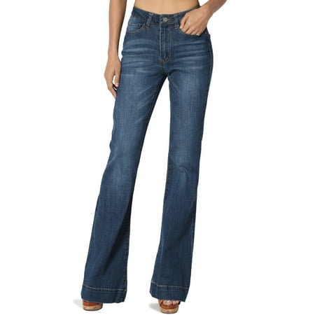 Vintage Wash Denim - TheMogan Women's Vintage Dark Blue Wash Classic Mid Rise Bell Flared Jeans