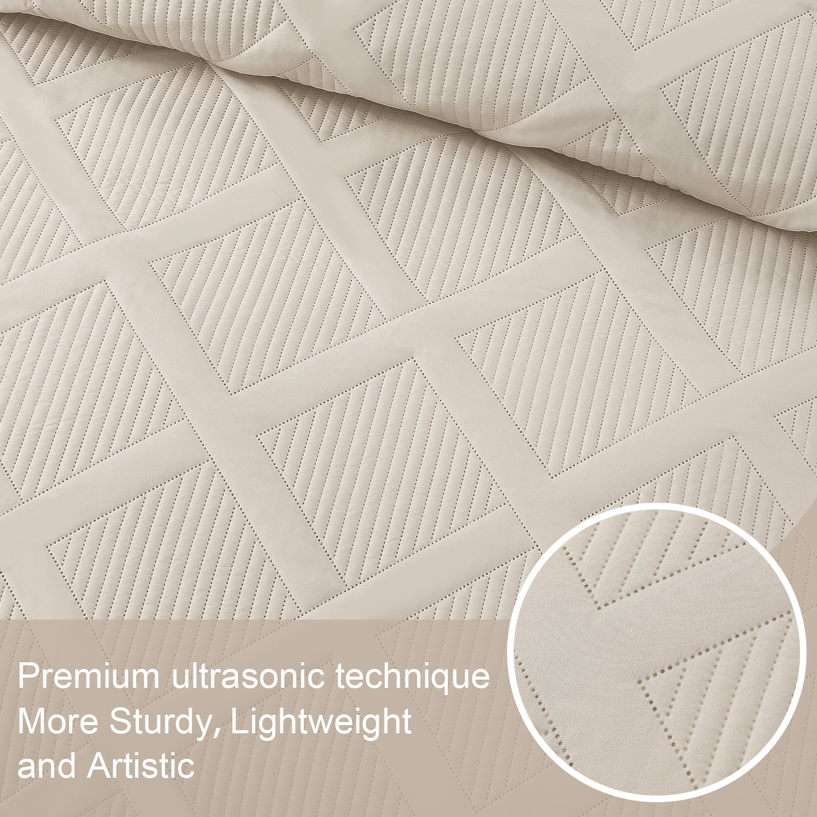 Exclusivo Mezcla Ultrasonic King Quilt Set, 3-Piece Lightweight Bedspreads Modern Striped Coverlet, Brich Beige