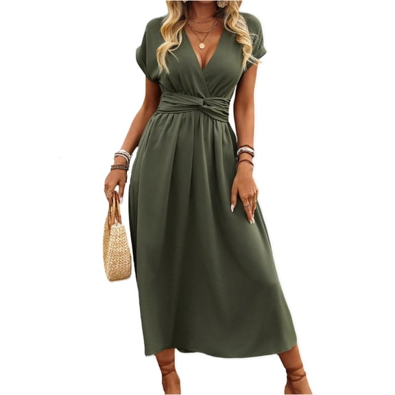 Women's Dressess Short Sleeve V Neck Short Dress High Waist Ruffle Swing Knee Length Dress With Pockets Slim Fit Party Dresses Army Green L