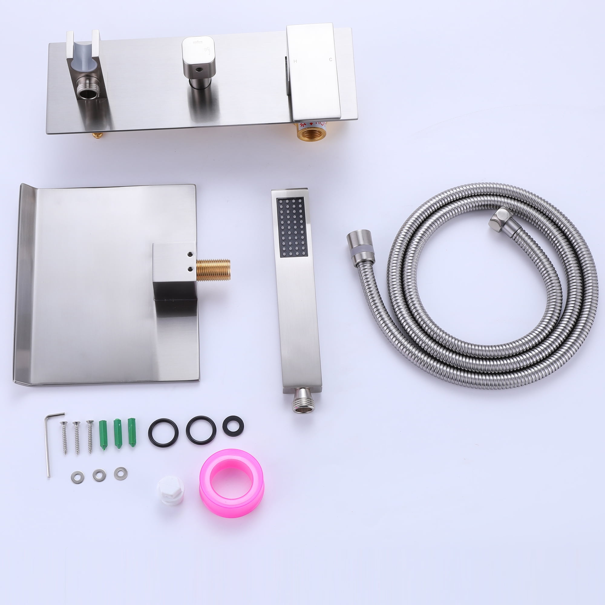 Wall Mounted Tub Filler with hand shower, Two Handles Brushed Nickel Waterfall Bathtub Faucet with Rough-in Valve