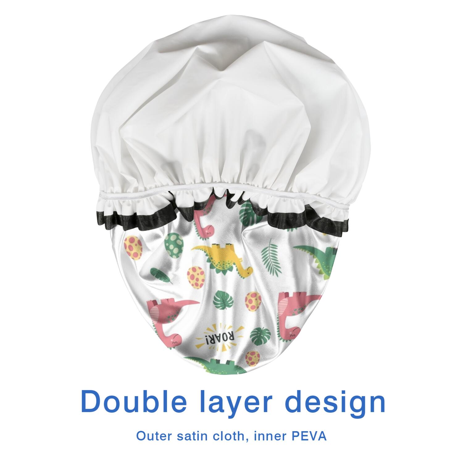 Shower Caps,White Cartoon Dinosaurs Roar Pattern Waterproof Shower Cap for Women 4 Pieces,Double Reusable Hair Cover for Shower PEVA Elastic Stretch Hem