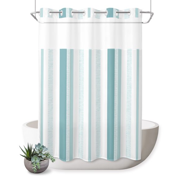 No Hook Shower Curtain, Green Simple Lines Shower Curtains for Bathroom with See Through Top Window, Modern Minimalist Stripes Pattern Waterproof & Washable Bath Curtain Extra Long 72"x96"