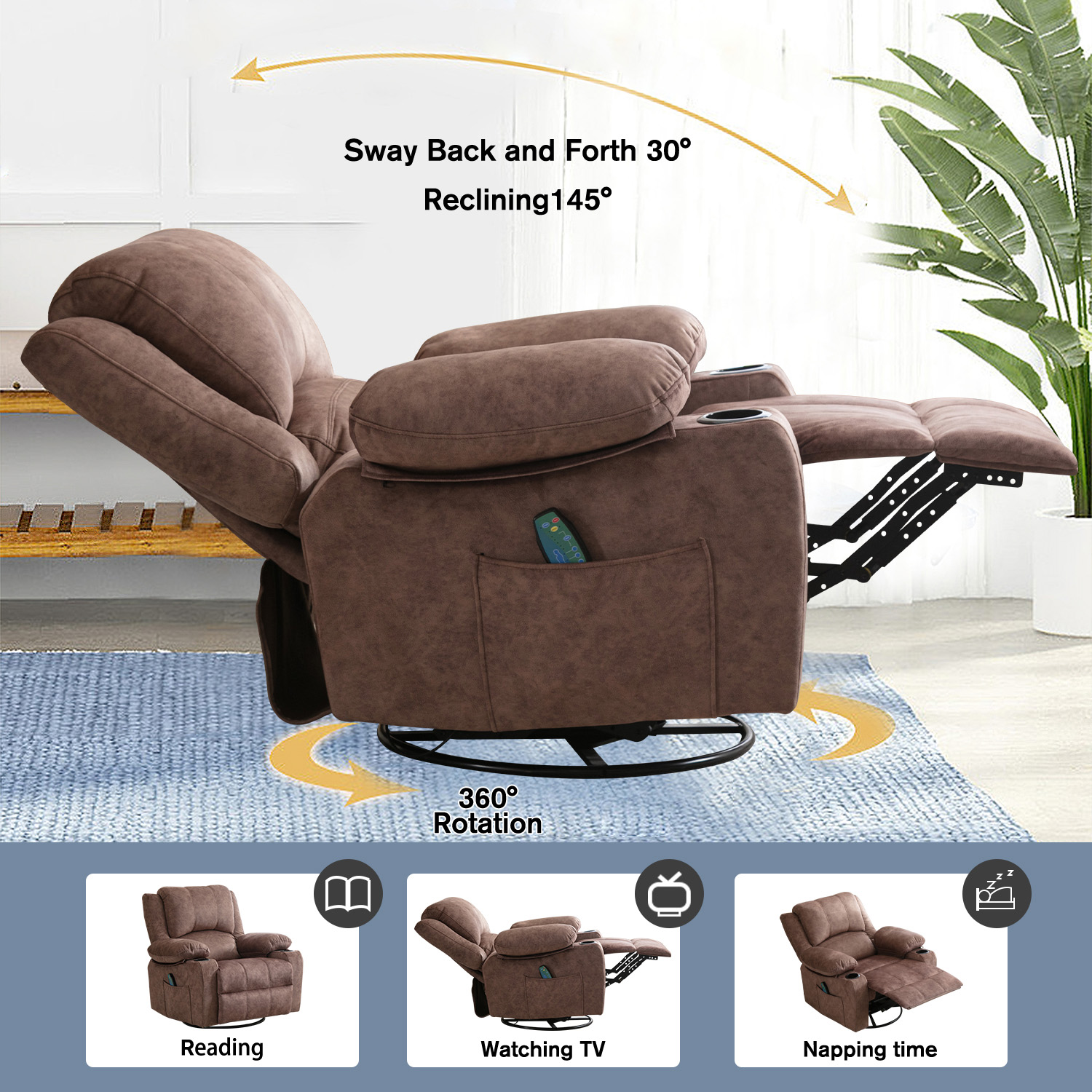 JONPONY Kneading Massage Rocker Recliner Chair with 4-Point 3D Kneading Massage and Heat Ergonomic Lounge Chair for Living Room with Rocking Function and 2 Cup Holders, USB Charge Port,Brown