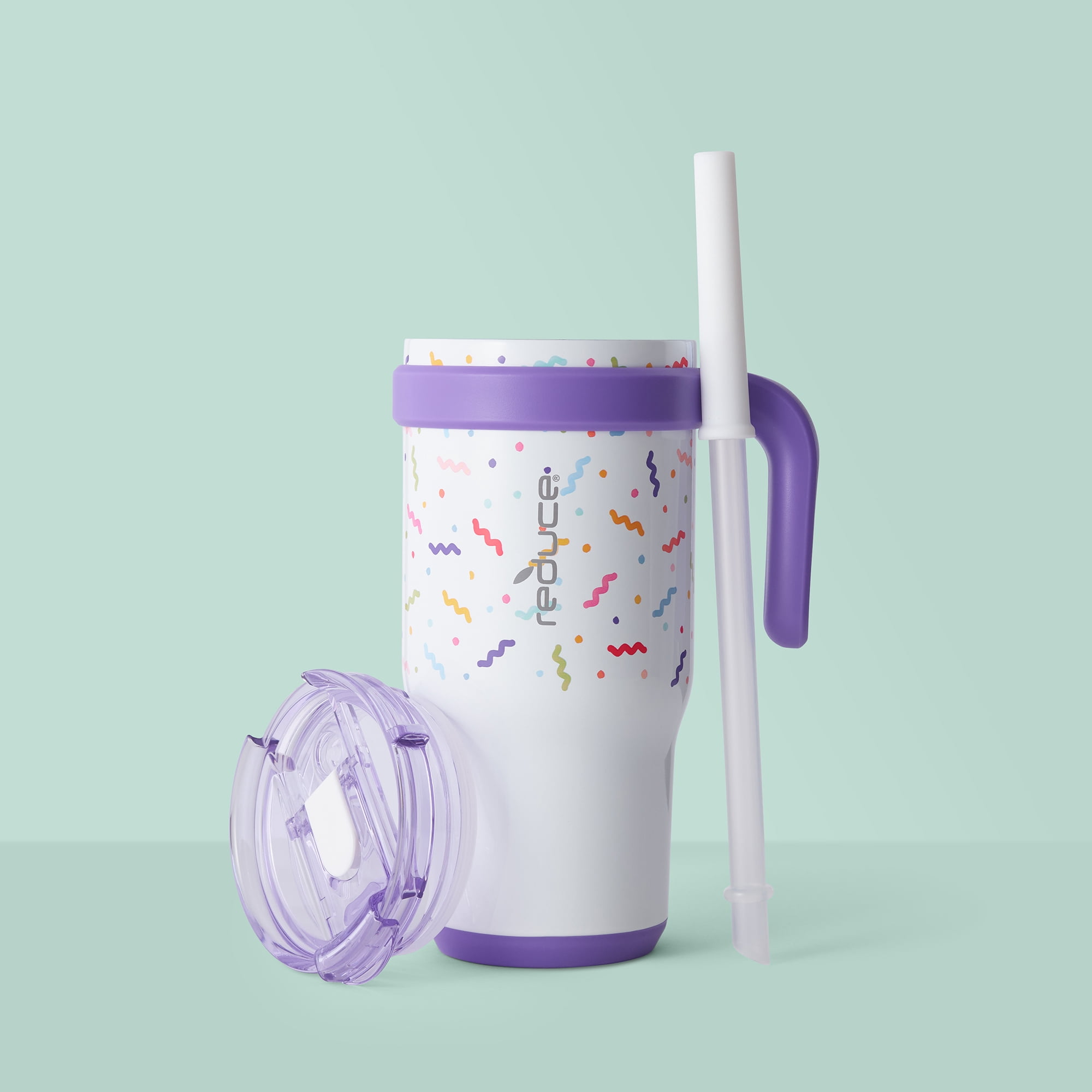 Reduce Coldee Kids Tumbler Spill-Proof Straw & Handle. Insulated Stainless Steel 18 oz, Squiggle Wiggle