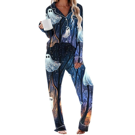 successthop Halloween Pajamas Spooky Printed Long Sleeve Tops with Full Pants Button with Pockets Loungewear