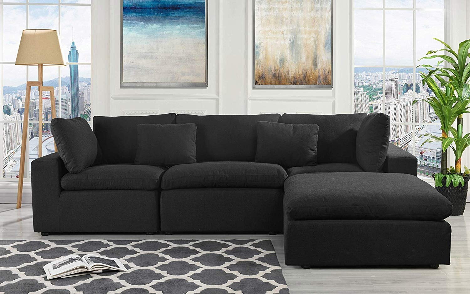 Classic Large Linen Fabric Sectional Sofa, L Shape Couch with Wide Chaise  (Black) - Walmart.com