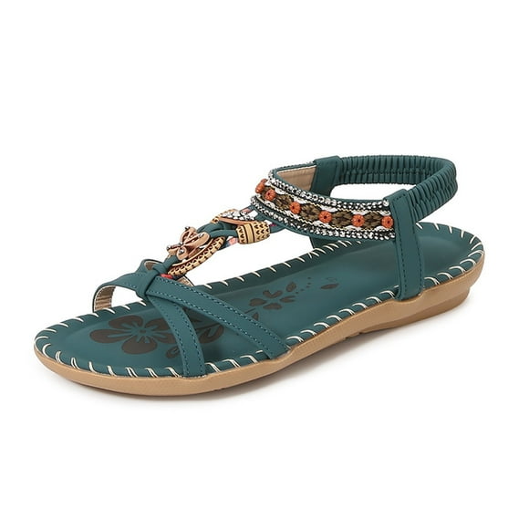IUJSOY Womens Summer Beach Sandals Comfort Walking Shoes Lightweight Bohemian Beaded Flat Sandals