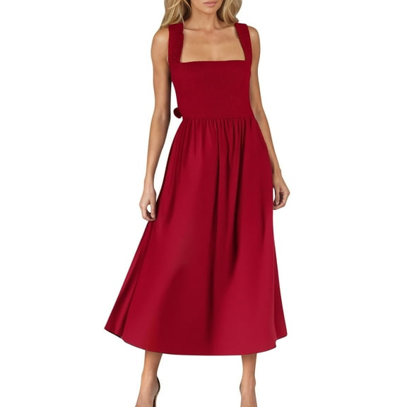 Beach Sundresses for Women Summer Casual Sleeveless Square Neck Smocked Flowy Vacation Midi Dress with Pockets 2025