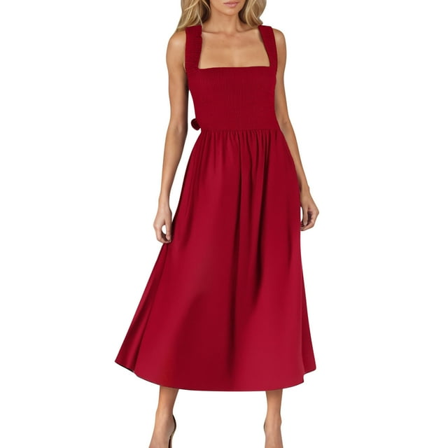 biudgviw Robe Midi à Col Licou pour Femme à Bretelles Spaghetti, Dos à Nouer, Dos Nu, Froncée, Fluide, Robe Trapèze, Sans Manches, Robes d'Été