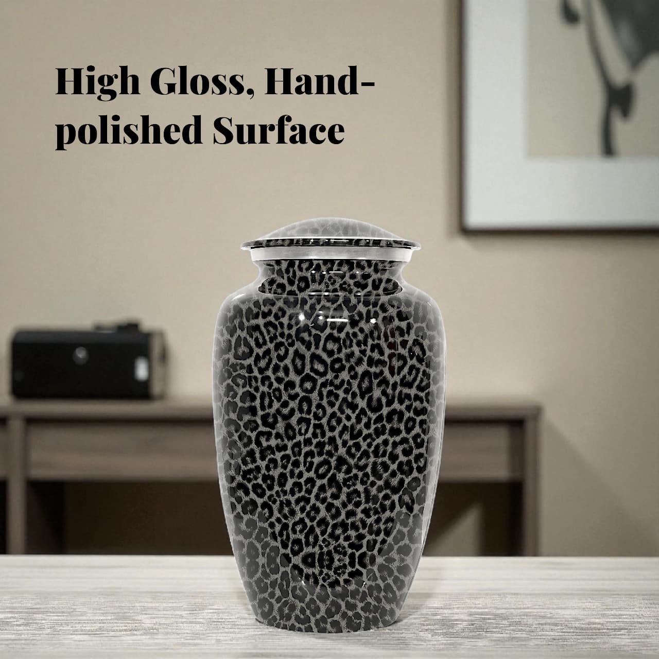 Elegant Cremation Urn For Human Ashes,  Adult Size Urn For Ashes, Grey Leopard Print Pattern, Holds Upto 200 cubic Ashes, With Velvet Bag
