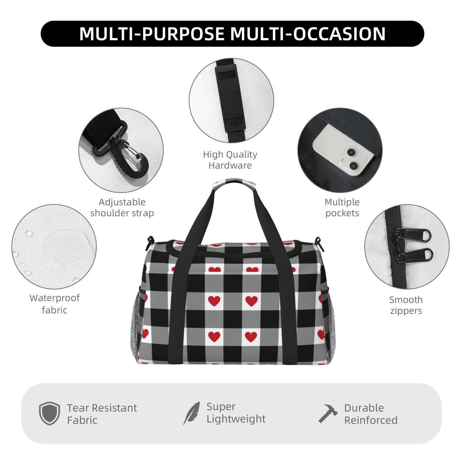 Fuzoiu Heart Black Buffalo Plaid Gingham Print Travel Duffle Bag,Carry On Tote Bags,Duffel Bag,Sport Gym Bag, Hospital Bag for Labor and Delivery, Overnight Bag,Luggage Bag