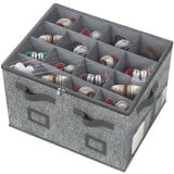 Homyfort 16-Compartment Foldable Shoe Box with Adjustable Partitions, Grey Holds up to 16 Pairs