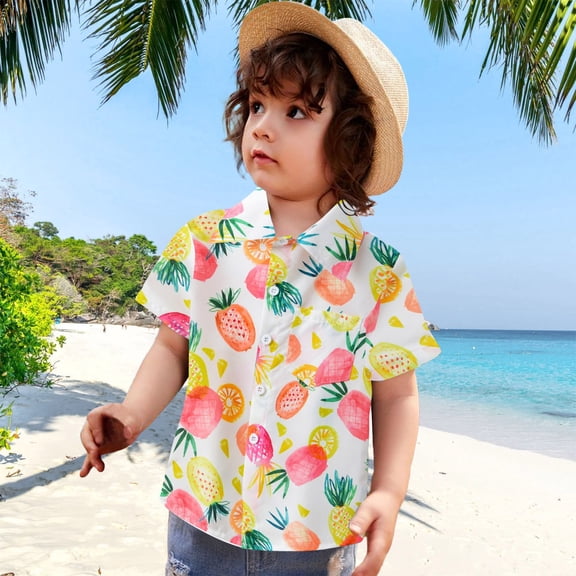 SOFTCCLO Boys Shirts Short Sleeve Lapel Button Down Tops Hawaiian Floral Cartoon Print Beach Vacation Gentleman Casual Kids Shirts Size 4-5Y
