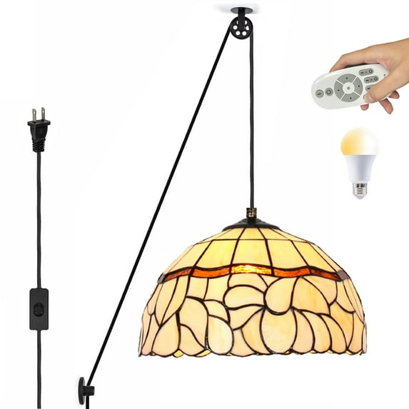 Kiven Plug in Glass Pendant Light ,Classic Pulley Hanging Light with Remote Control,Retro Dimmable Ceiling Pendant Light for Bedroom Foyer Hallway Kitchen Island, E26 Socket