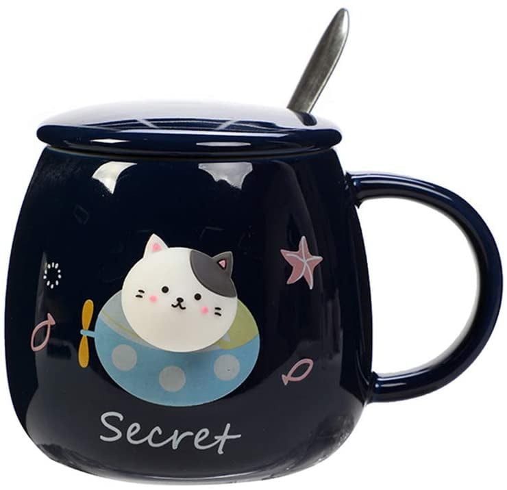 Cartoon Ceramic Coffee Tea Cup Wood-Cyan Funny Novelty Gift for Daughter Boy Girl Friend Teacher Mom Women Lovers Cat Mug with Cute Kitty Wood Lid /& Spoon